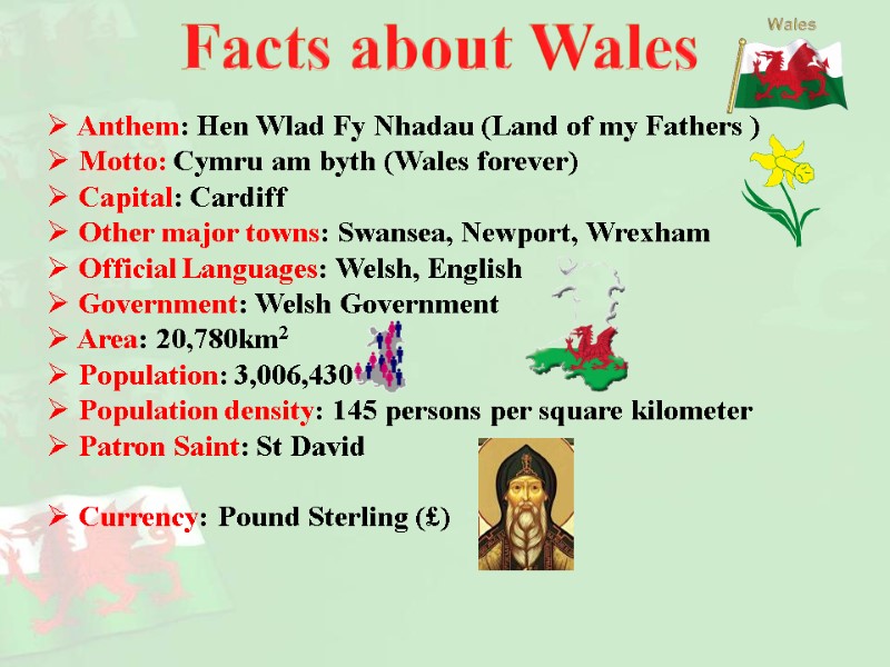 Anthem: Hen Wlad Fy Nhadau (Land of my Fathers )  Motto: Cymru am